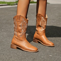 Women's Embroidery Western Boots Square Toe Mid Calf Cowboy Boots