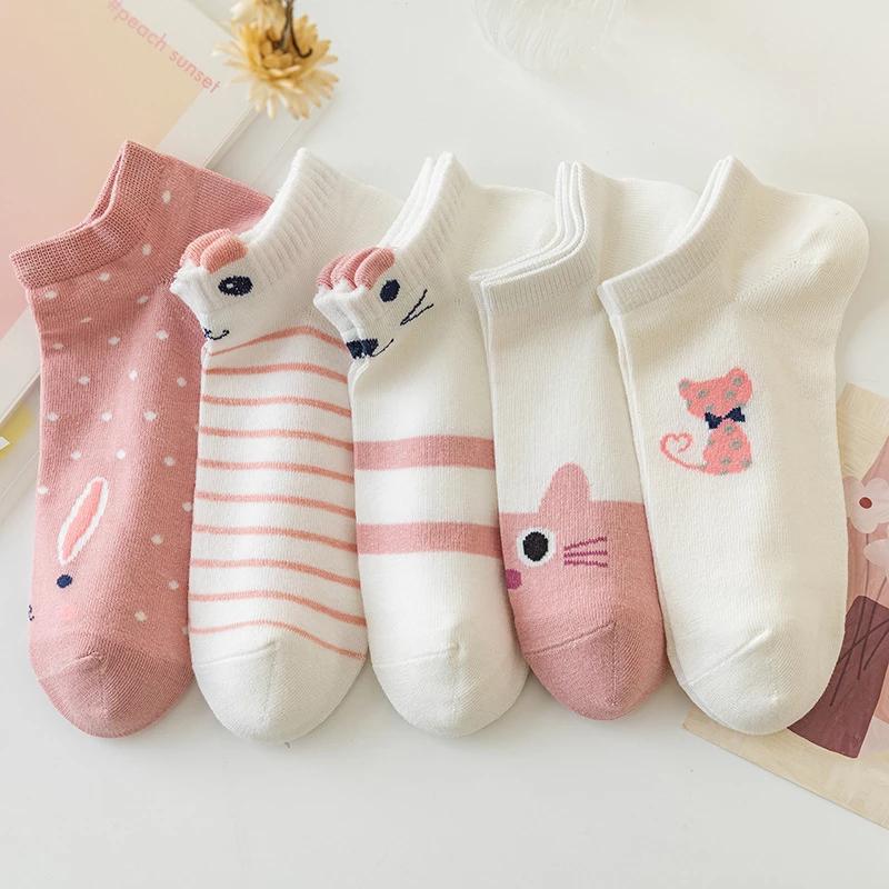 5 Pairs Kitty & Striped Boat Socks Low Cut Ankle Socks Women's Stockings