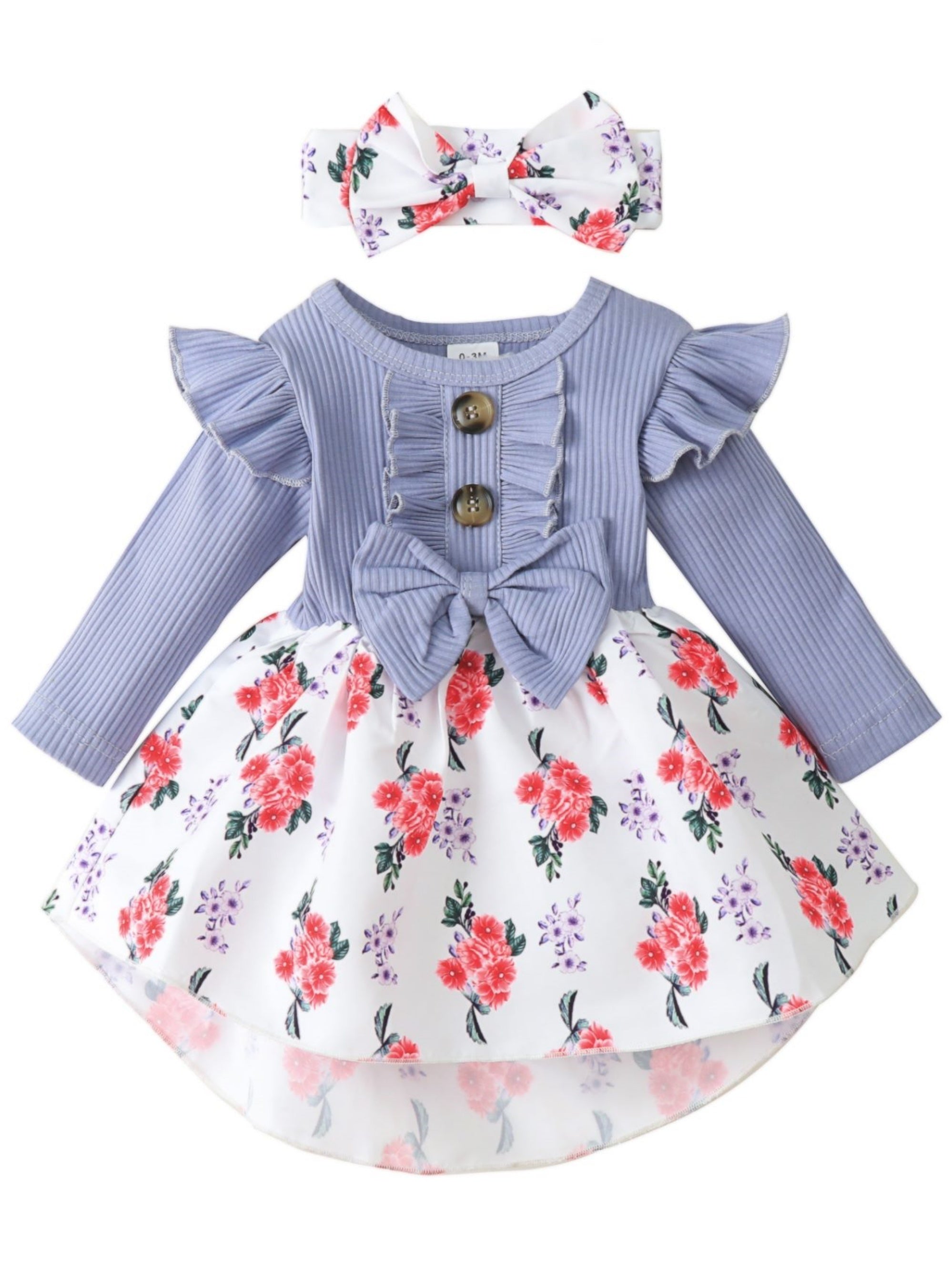 Floral Print Dress & Headband Set for Baby Girls