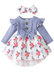 Floral Print Dress & Headband Set for Baby Girls
