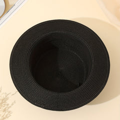 Straw Jazz Sun Hat Women Wide Strap Decor British Style Flat Top Fedora Cap