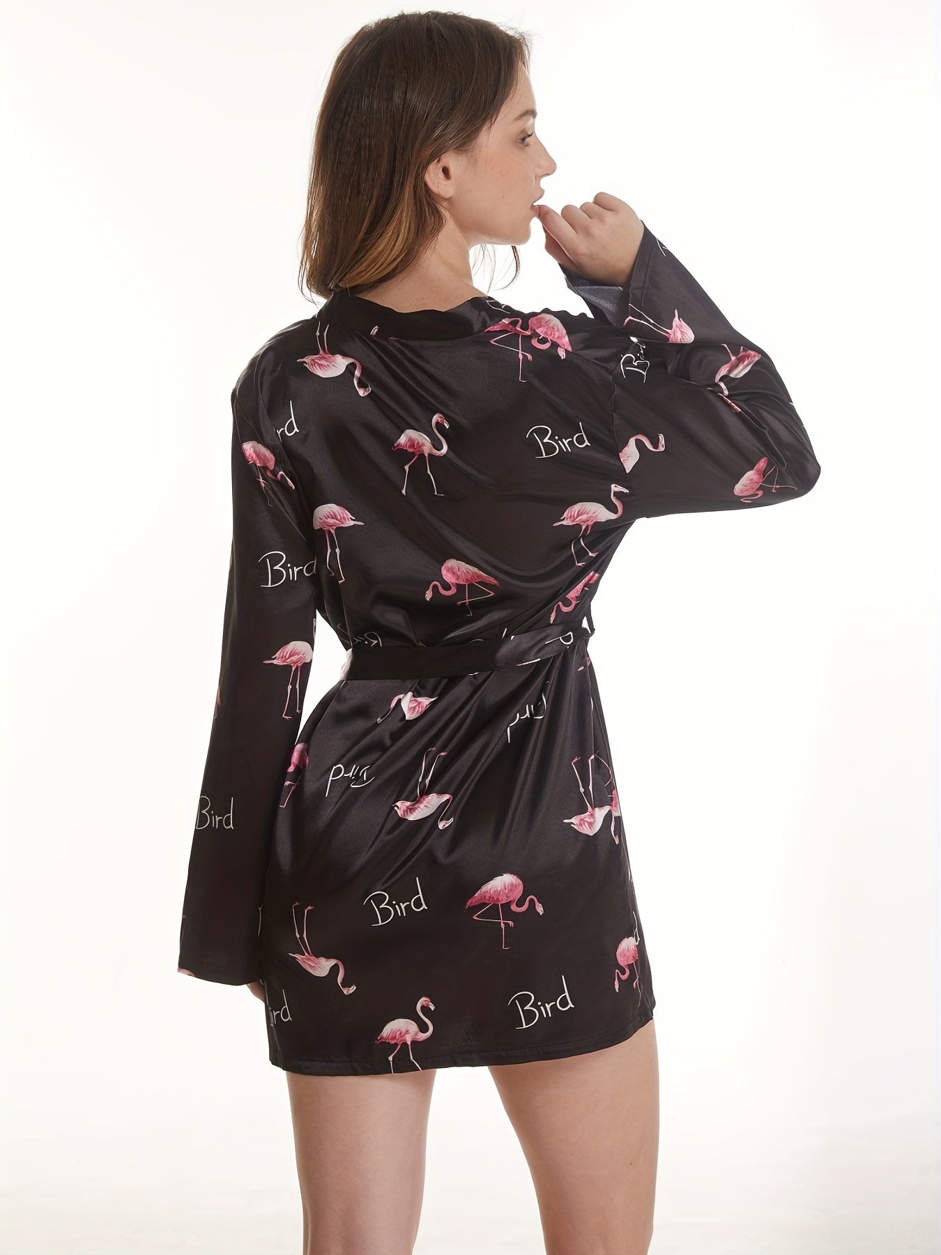 Flamingo Print Night Robe Long Sleeve V Neck Robe Women's Sleepwear