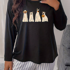 Dog Ghost & Pumpkin Print Long Sleeve Pajama Top