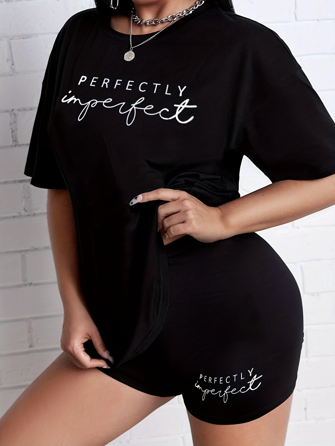 Letter Print Matching Two piece Set Casual Short Sleeve T shirt & Skinny Shorts