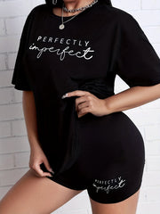 Letter Print Matching Two piece Set Casual Short Sleeve T shirt & Skinny Shorts