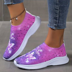 Rhinestone Decor Butterfly Print Soft Sole Sneaker
