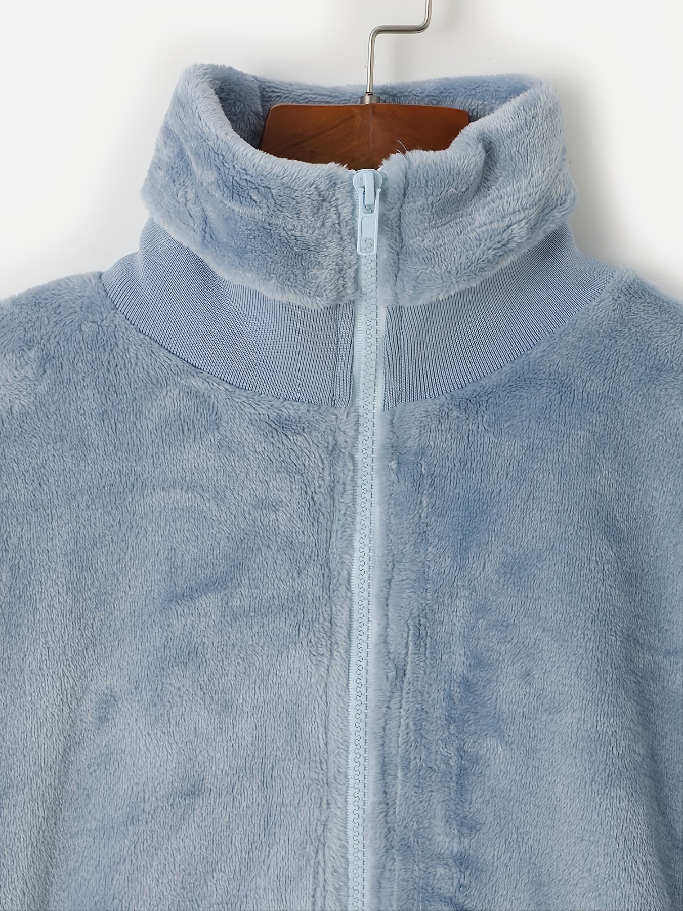 Warm Teddy Jacket Pockets High Neck Casual Outerwear For Winter & Fall