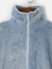 Warm Teddy Jacket Pockets High Neck Casual Outerwear For Winter & Fall