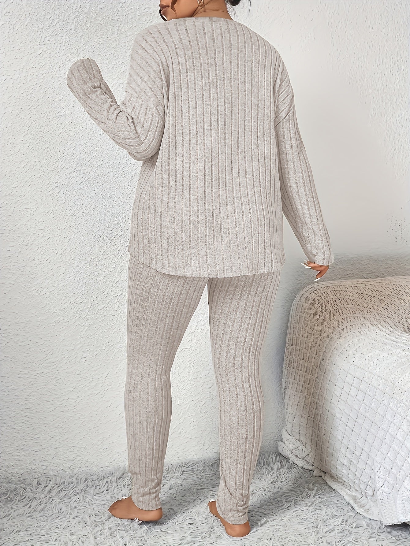 Solid Long Sleeve Top & Leggings Set Ribbed Knit Two Piece