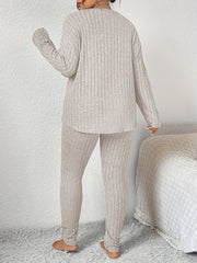 Solid Long Sleeve Top & Leggings Set Ribbed Knit Two Piece