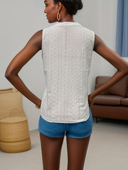 Eyelet Tank Top Crew Neck Summer Sleeveless Solid Top