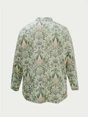 Casual Top Women's Plus Floral Print Button Up Long Sleeve Blouse
