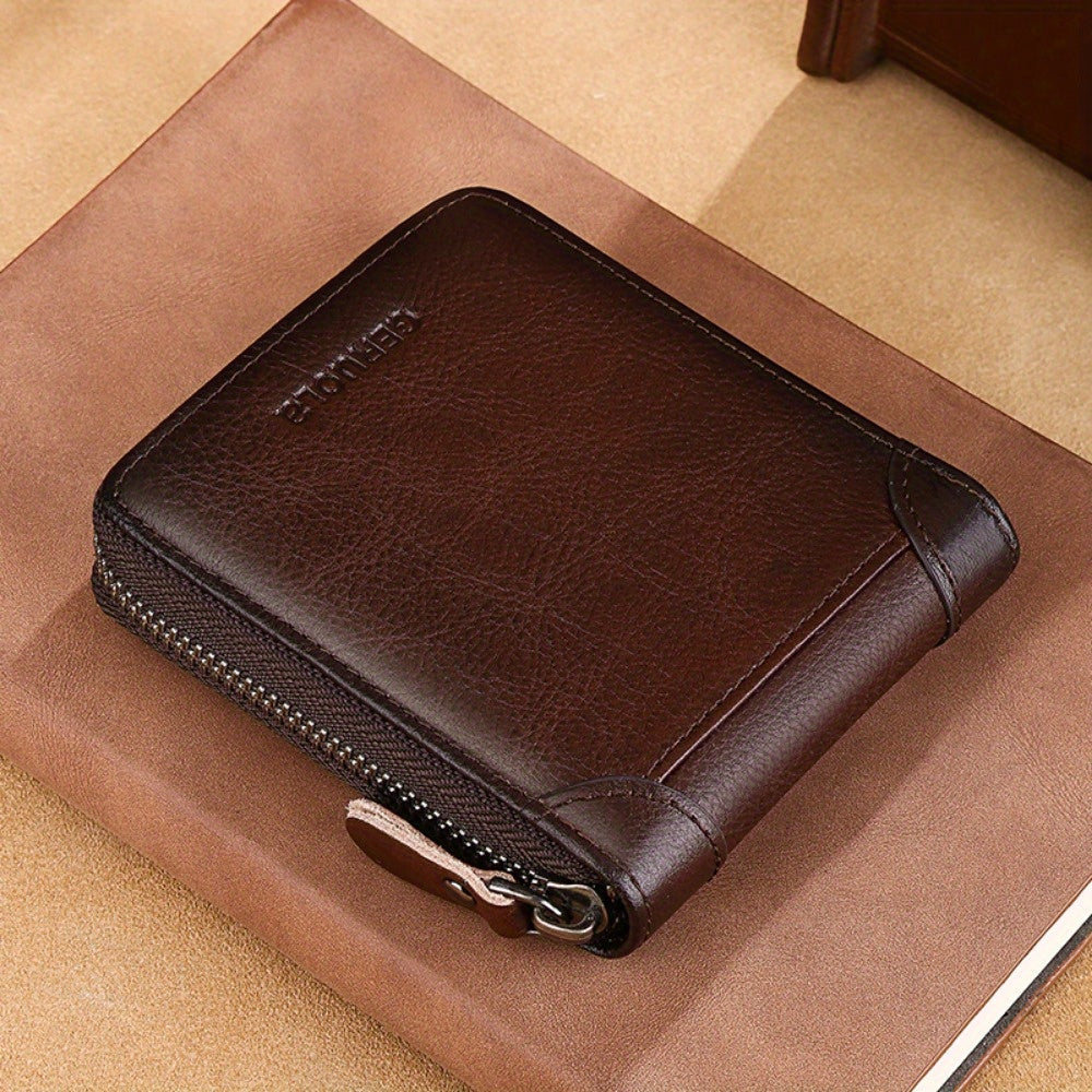 RFID Secure Leather Zipper Wallet Large Capacity Double Fold Card Wallet for Men