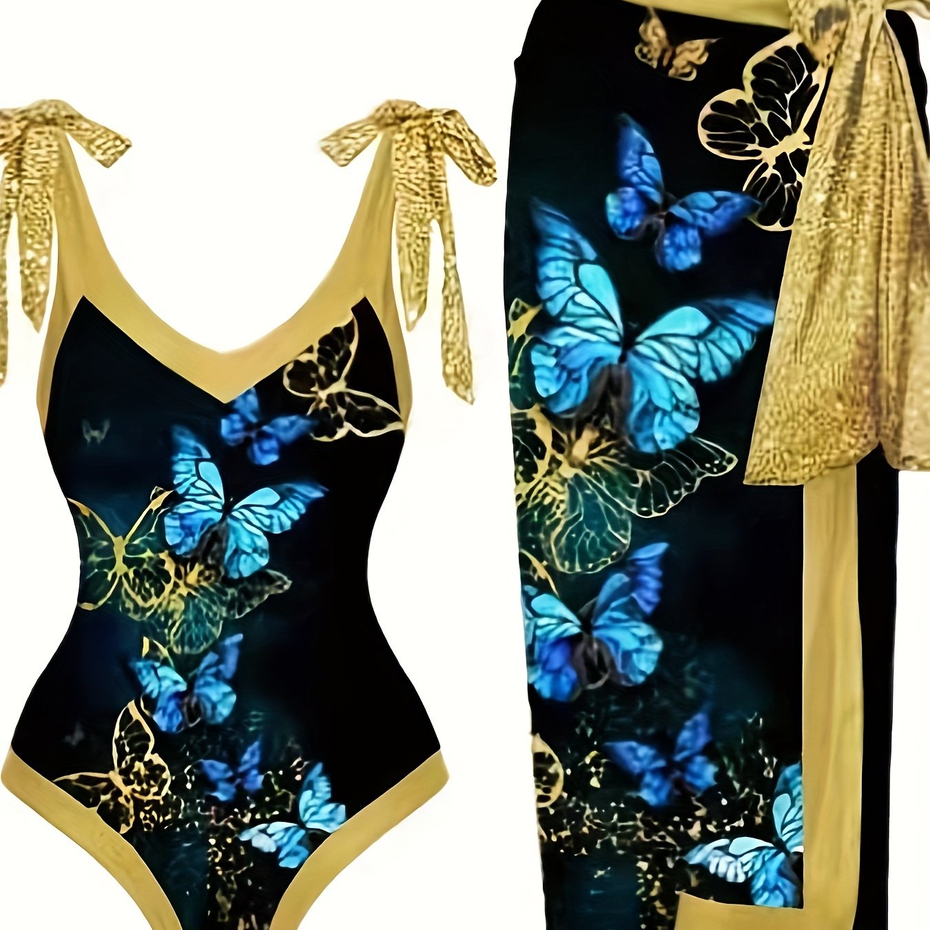 Butterfly Print 2 Piece Swimsuit & Wrap Cover Up Skirt