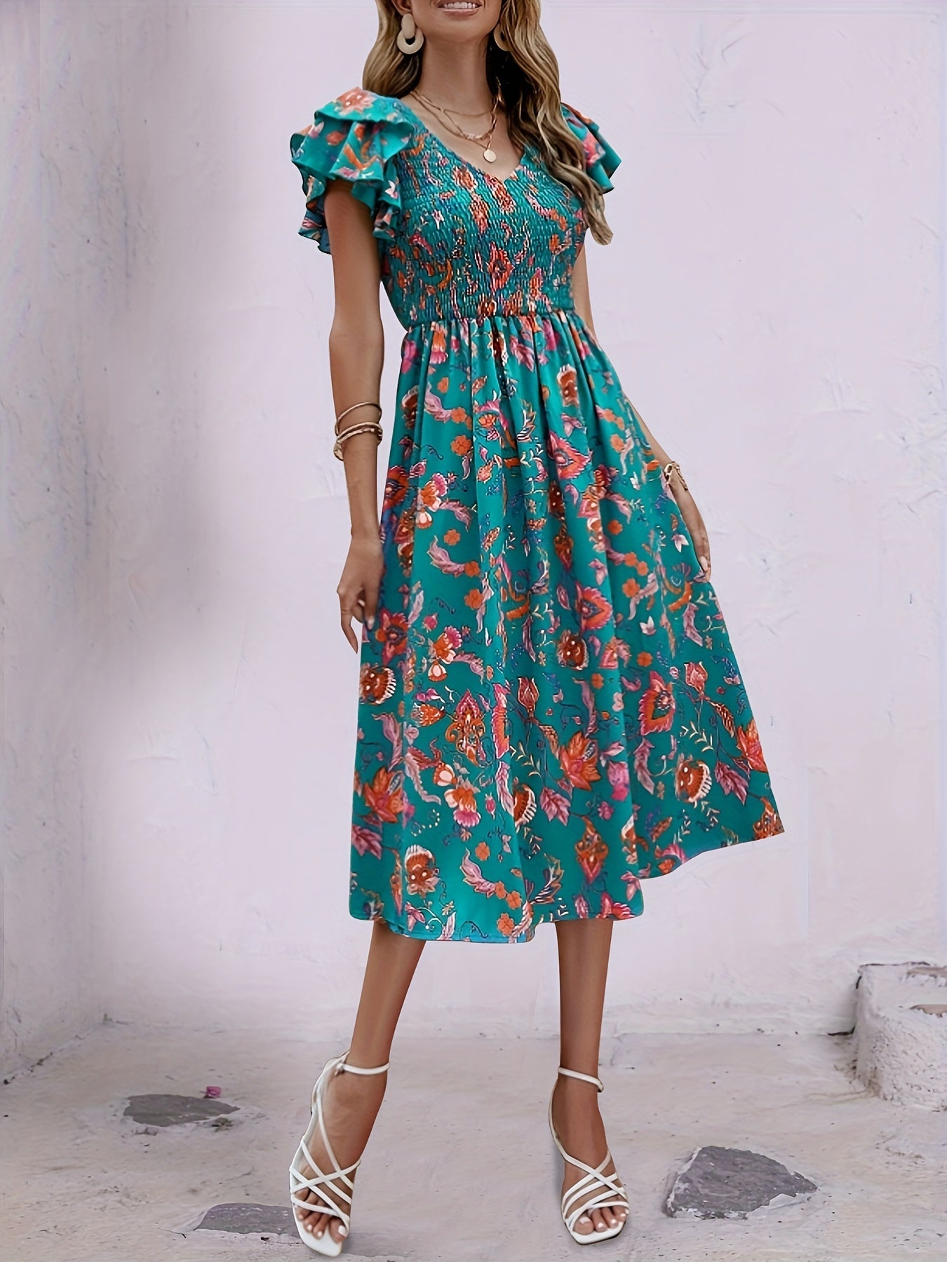 Floral Print Ruffle Dress V Neck Short Sleeve Shirred Dress