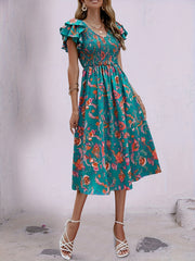 Floral Print Ruffle Dress V Neck Short Sleeve Shirred Dress