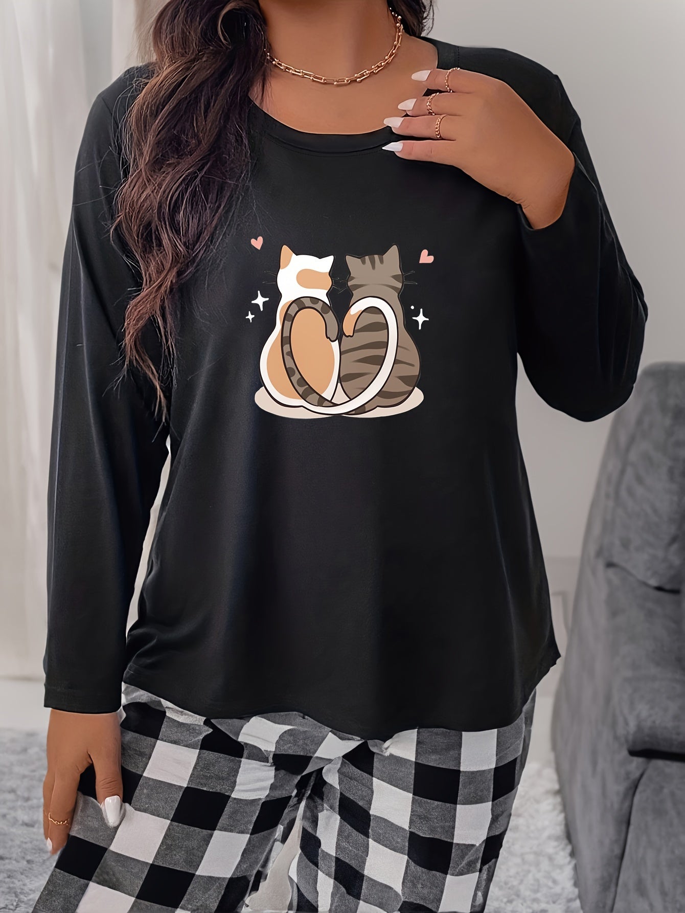 Cats Print Long Sleeve Round Neck Pajama Top