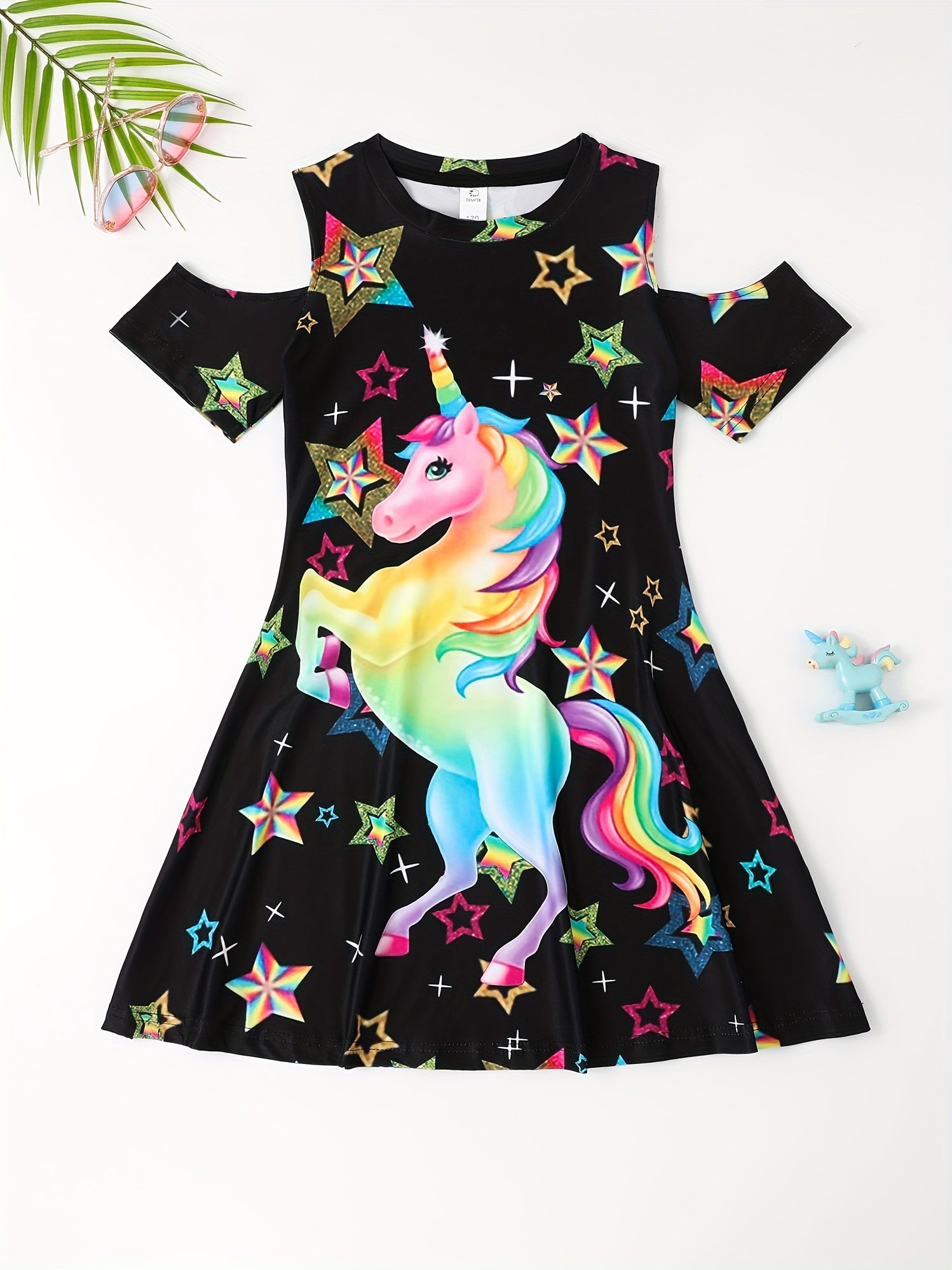 Girls Rainbow Unicorn & Star Print Cold Shoulder Dress
