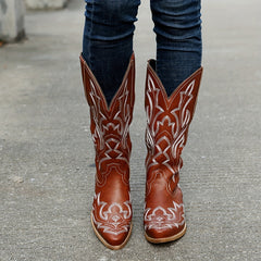 Embroidered Western Mid Calf Boots Cowgirl Pointed Toe Low Heel Slip On Boots