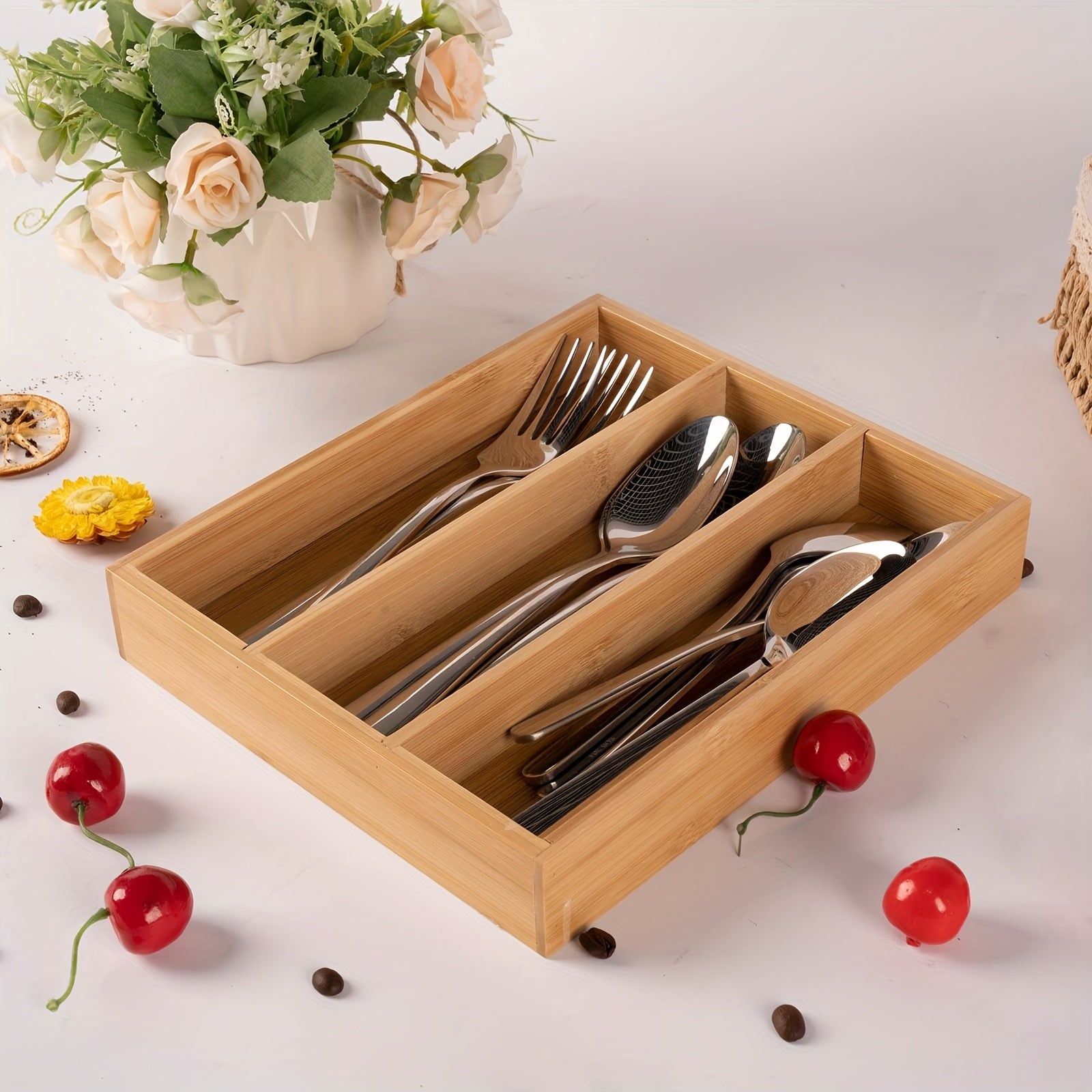 Bamboo Silverware Storage Tray 3 Grids Drawer Organizer