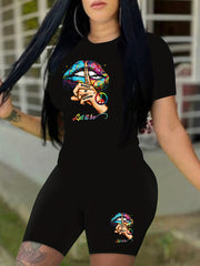 Lips Print 2pc T Shirt Set Short Sleeve Tee & Shorts Casual Outfit