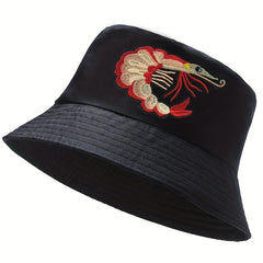 Lobster Embroidery Bucket Hat Unisex Cotton Anime Sunshade Cap