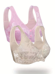 2 Pack Plus Size Bra Set Women's Plus Floral Print Wireless