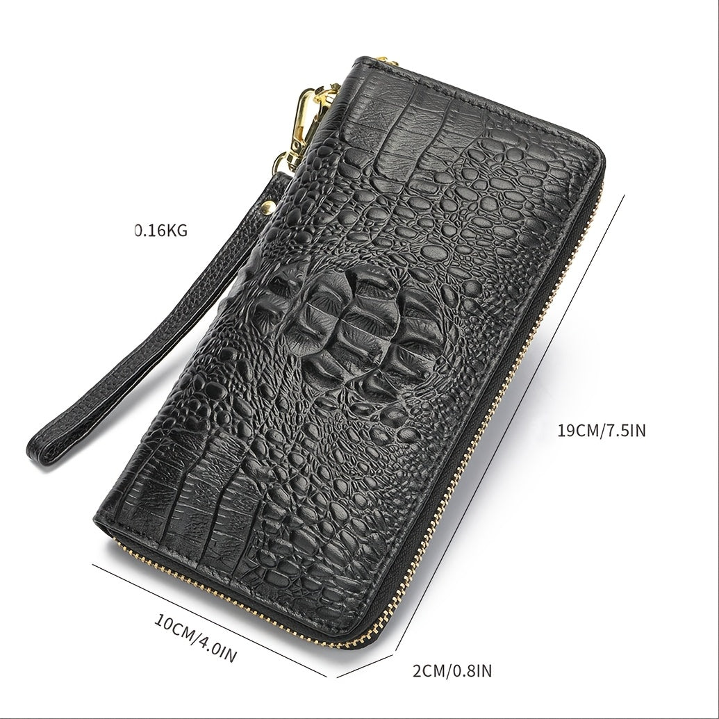 Cowhide Leather Crocodile Embossed Wallet Long Zipper Clutch