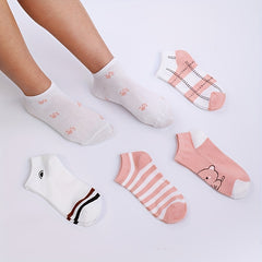 5 Pairs Striped Crew Socks Comfy Low Cut Ankle Socks Women's Stockings