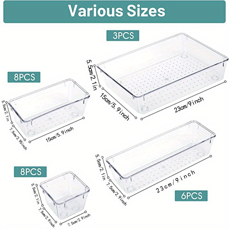 25pcs Drawer Organizer Set Clear Plastic Desk Drawer Dividers Trays Dresser Stor