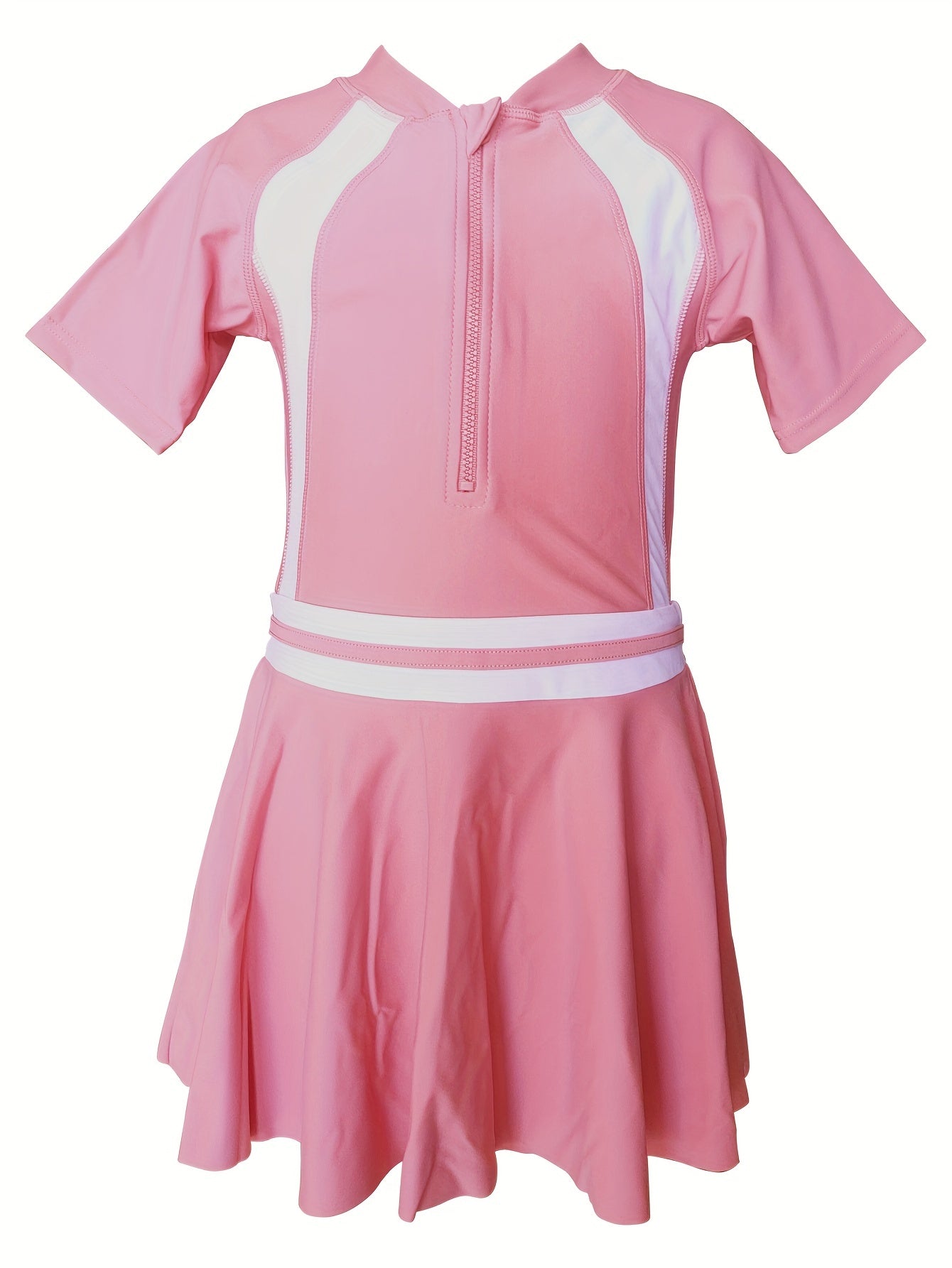 Girls Splicing Short Sleeve Zip Swimwear