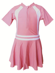Girls Splicing Short Sleeve Zip Swimwear