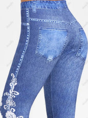 Floral Denim Print Leggings High Waist Seamless Long Length Leggings