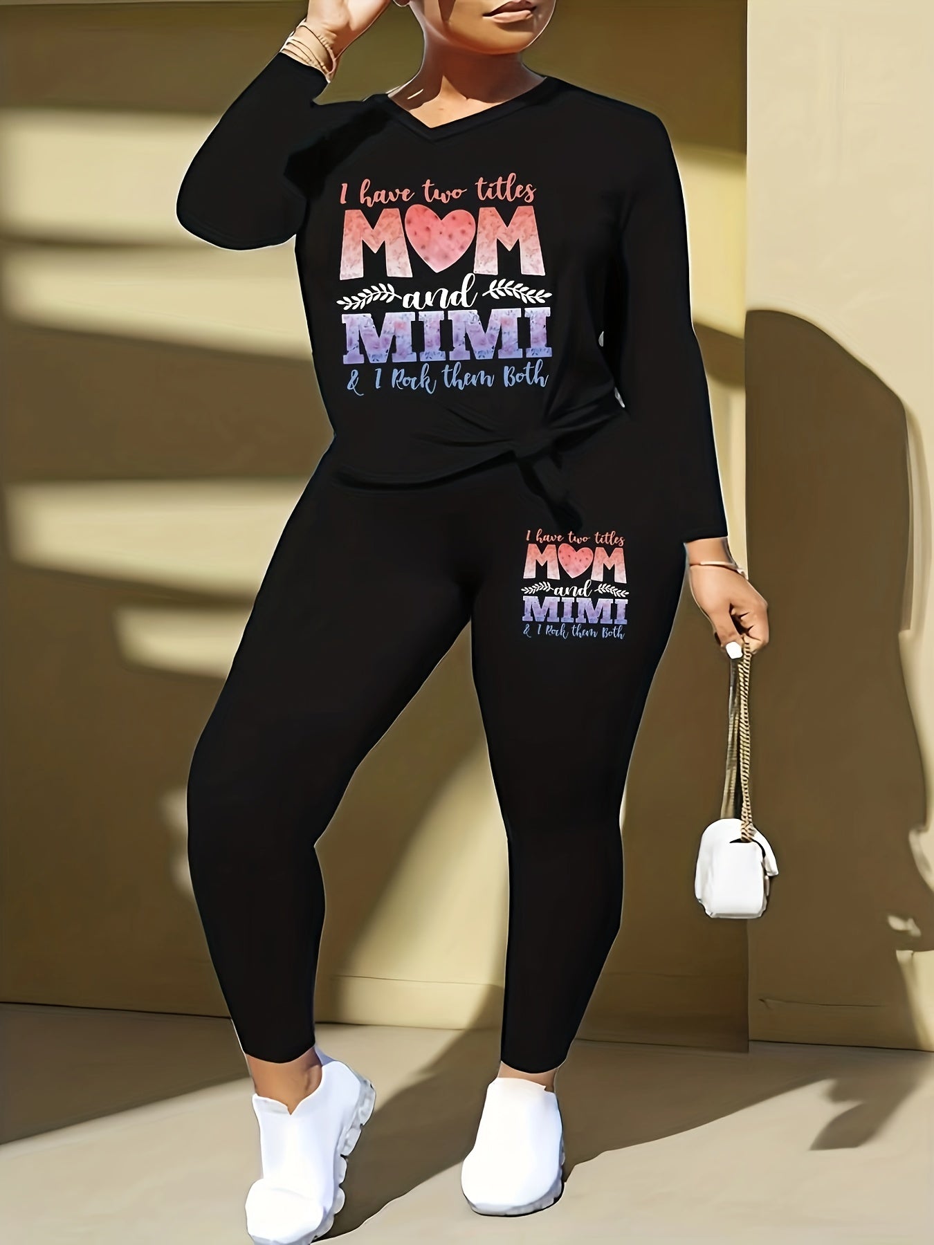 2PC Set Women's Slogan & Heart Print Top & Leggings