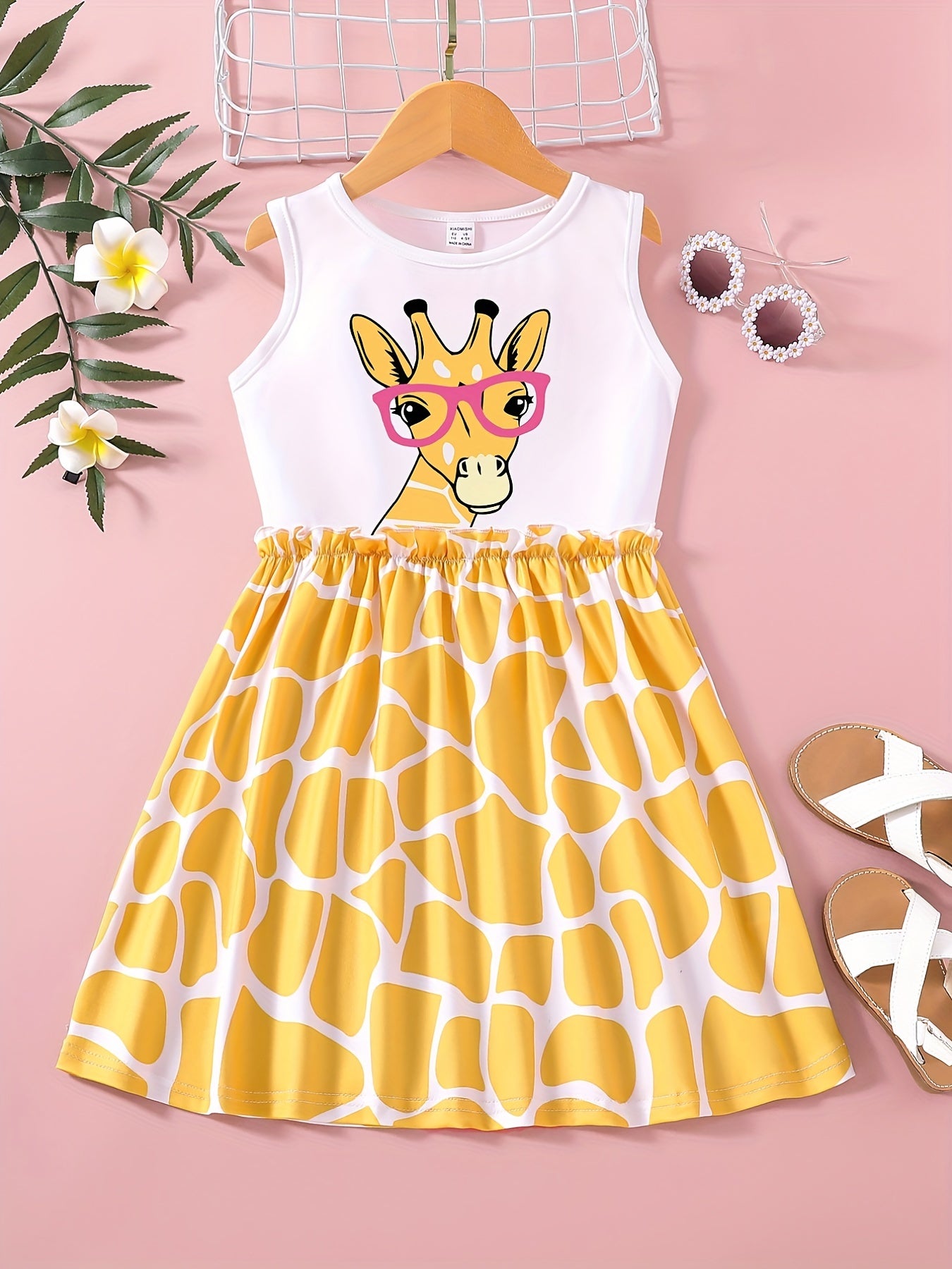 Girls Summer Floral Printing Dress Sleeveless Cartoon Giraffe Print 1-6 Yrs