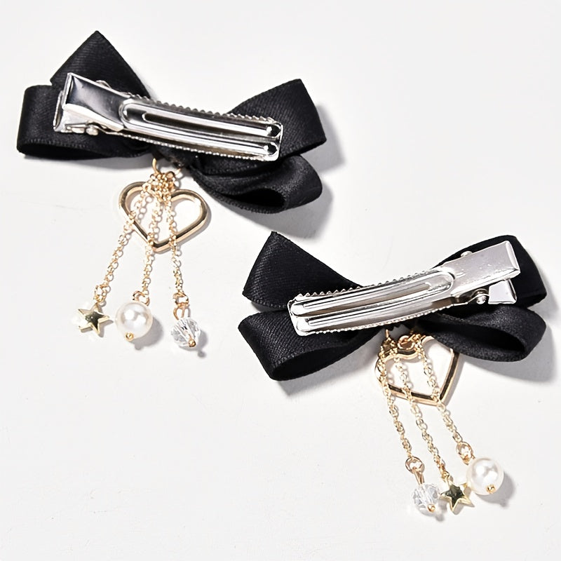 2pcs Girls Bowknot Hair Clips Stars & Hearts Pendant Hairpins