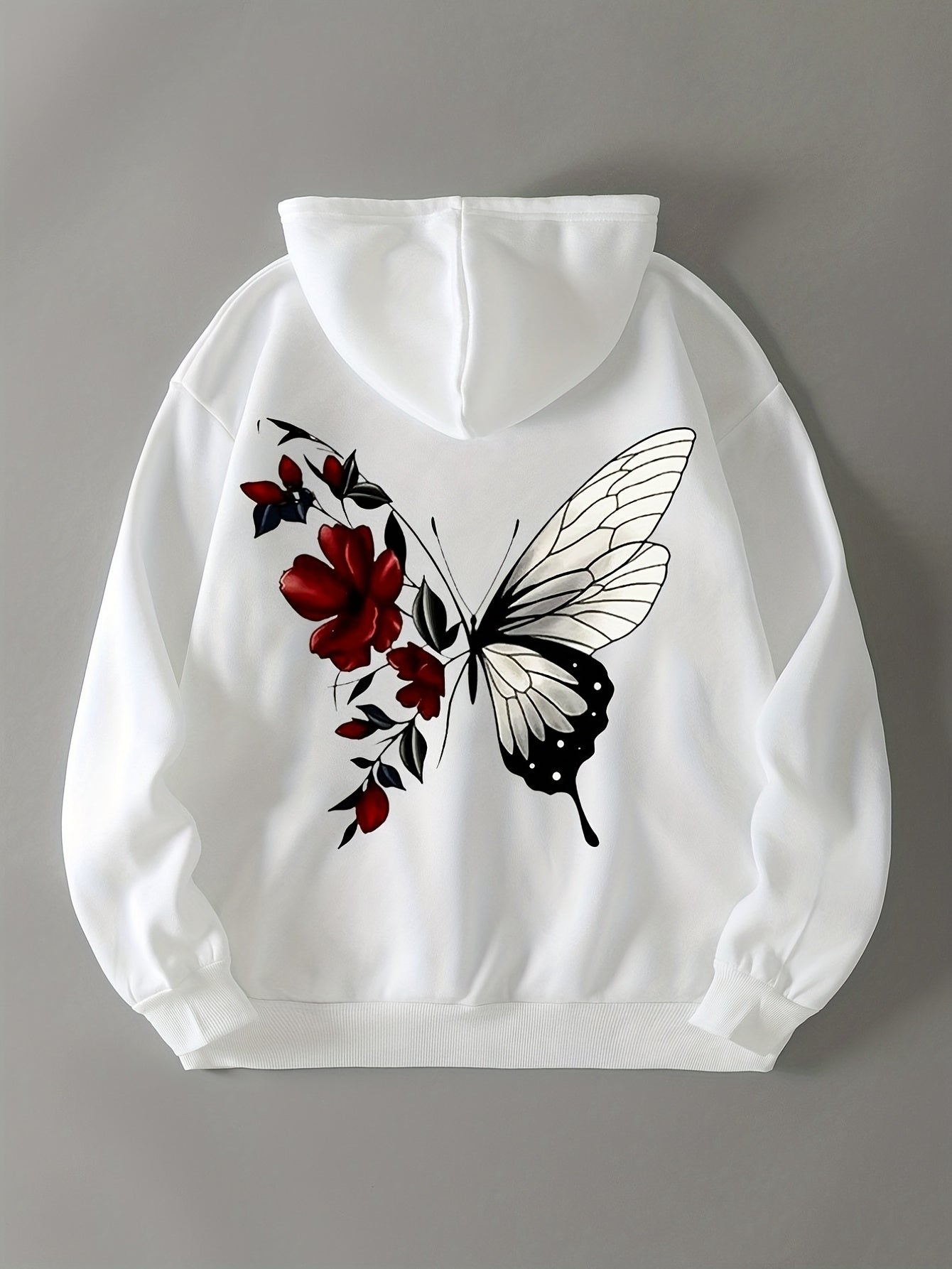 Butterfly Drawstring Hooded Shirt Solid Long Sleeve Sweater