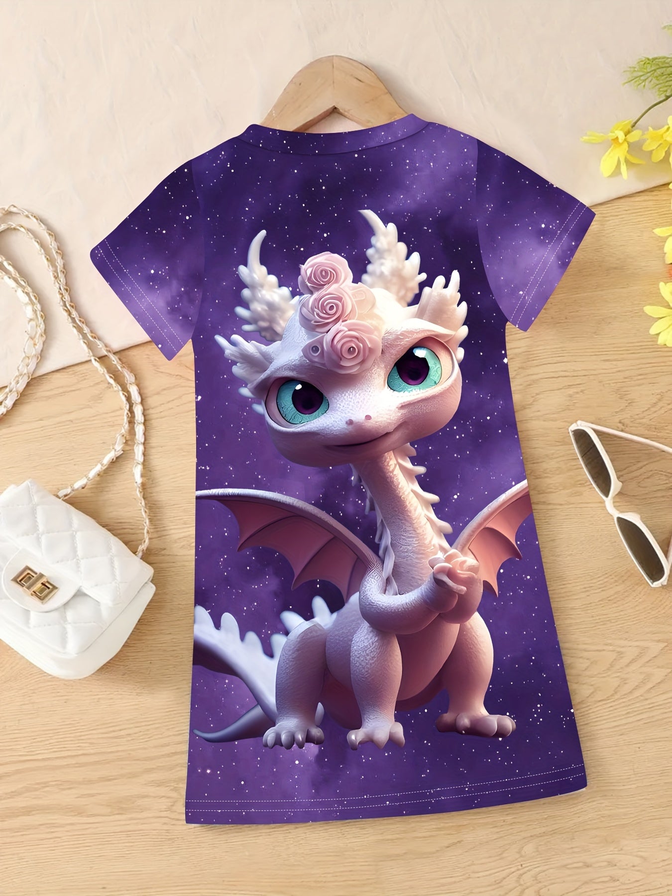 Cute 3D Dino Graphic Crew Neck Dress for Girls