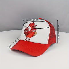 Red Cock Patch Trucker Hat Animal Pattern Mesh Baseball Cap Adjustable