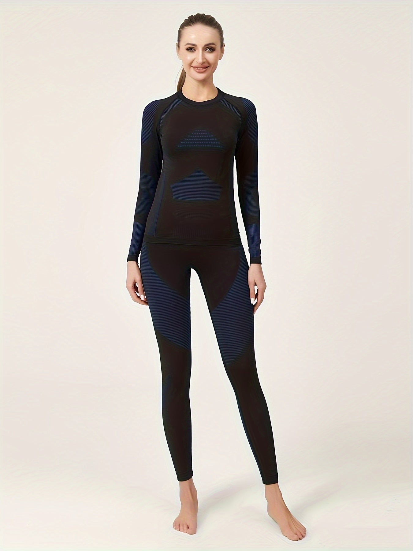 2Pcs Thermal Underwear Set Long Sleeve Round Neck Base Layer Top & Leggings