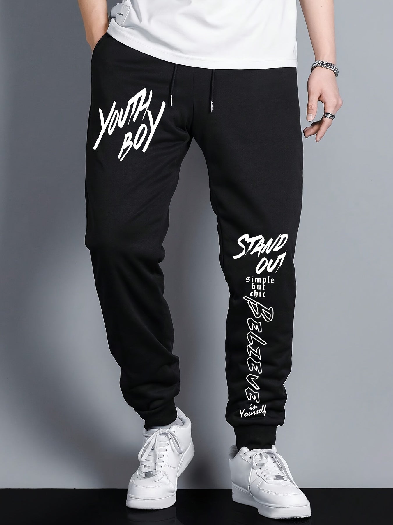 Youth Boy Print Drawstring Sweatpants Loose Fit Pants Men