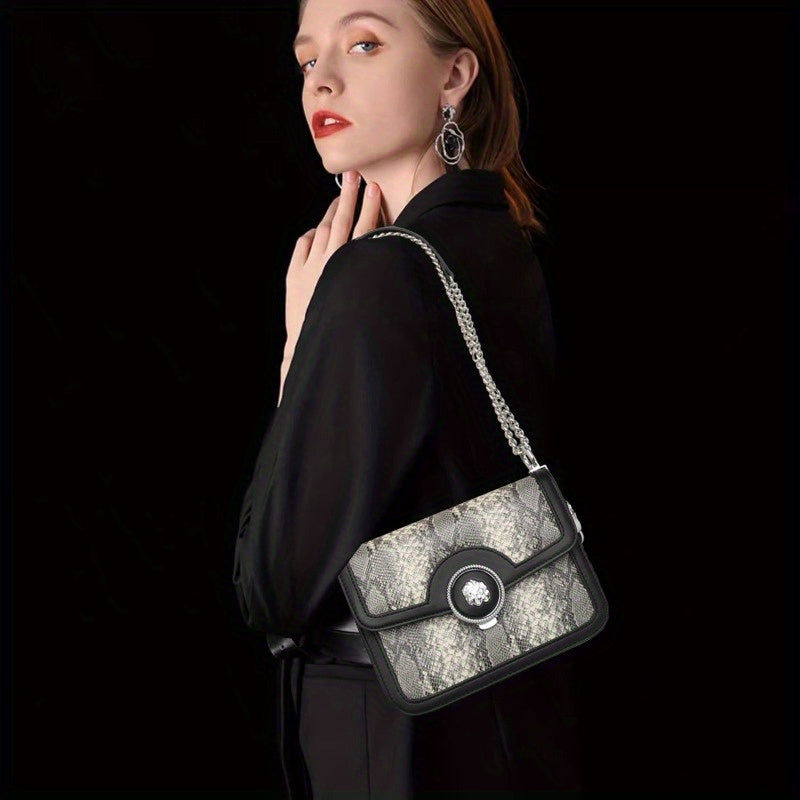 Snake Print Shoulder & Crossbody Bag - Leather with Detachable Chain