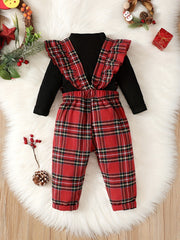 Baby Girls Knitted Top & Bow Ruffle Plaid Suspender Trousers Set