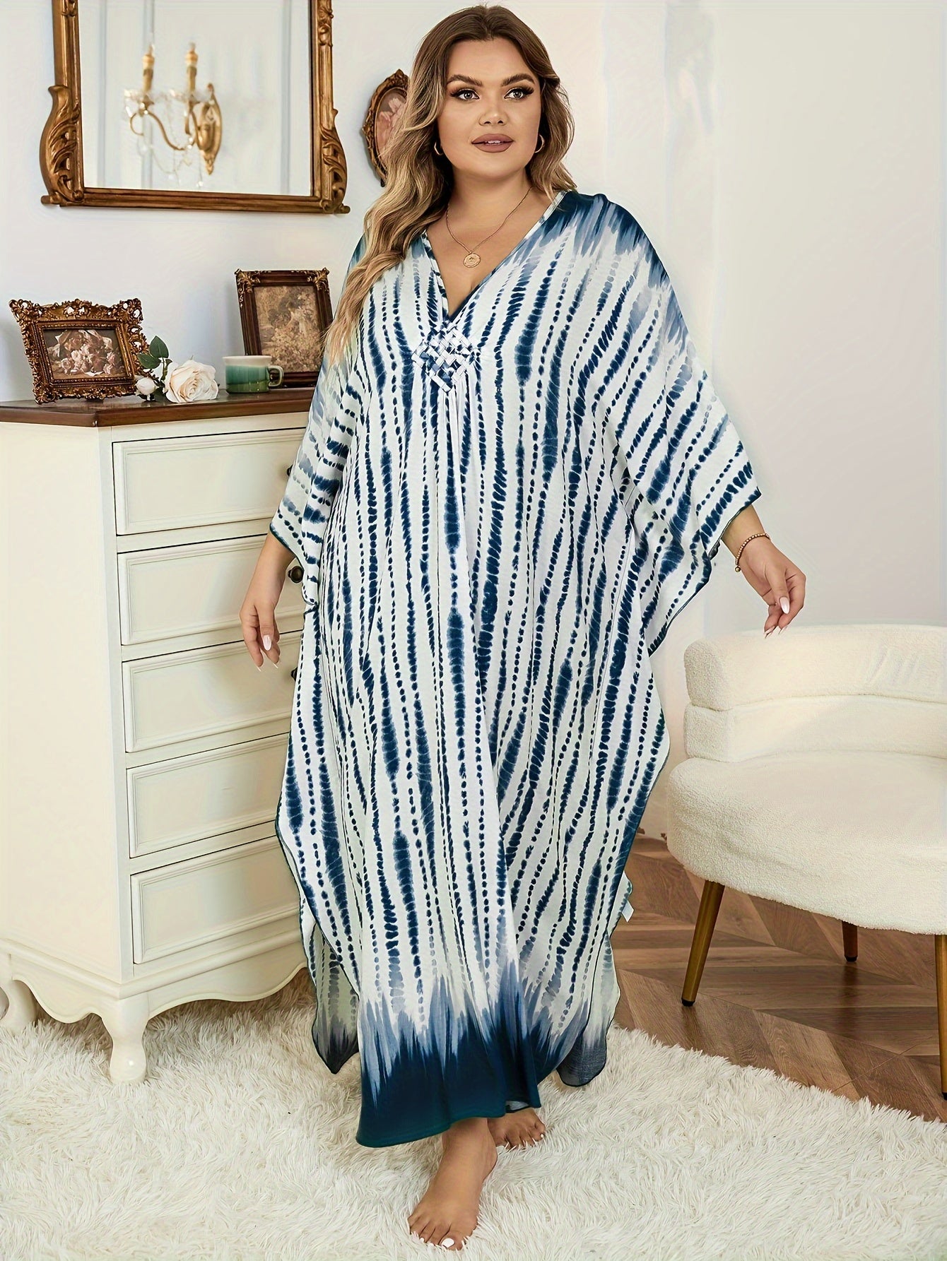Boho Cover Up Tie Dye Striped Batwing Sleeve V Neck