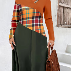 Colorblock Plaid Print V-Neck Dress