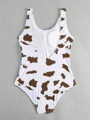 Cow Print Round Neck One Piece Swimsuit