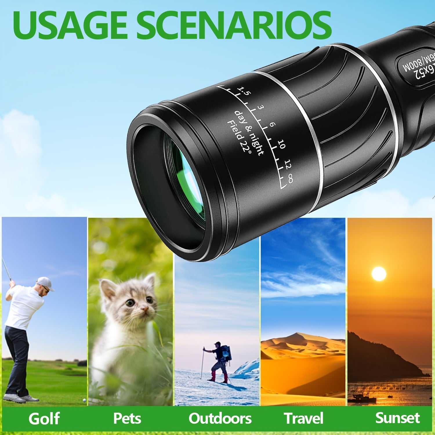 16x52 Monocular Dual Focus Optics Zoom Telescope For Birds Watching Wildlife