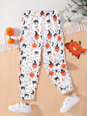 Girls Halloween Jogger Trousers Pumpkin Ghost Print Elastic Waist Pants