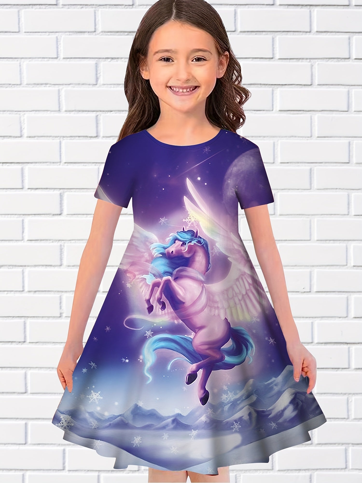 Girls Summer Unicorn Long Dress Short Sleeve Princess Dress