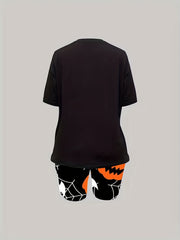 Halloween Cat & Pumpkin Print Tee & Shorts Set